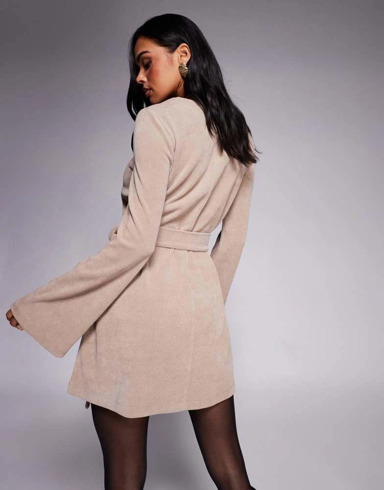 ASOS ASOS DESIGN fluted sleeve tie waist cord mini dress in neutral 4