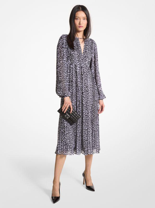 Michael Kors Pleated Leopard Print Georgette Midi Dress