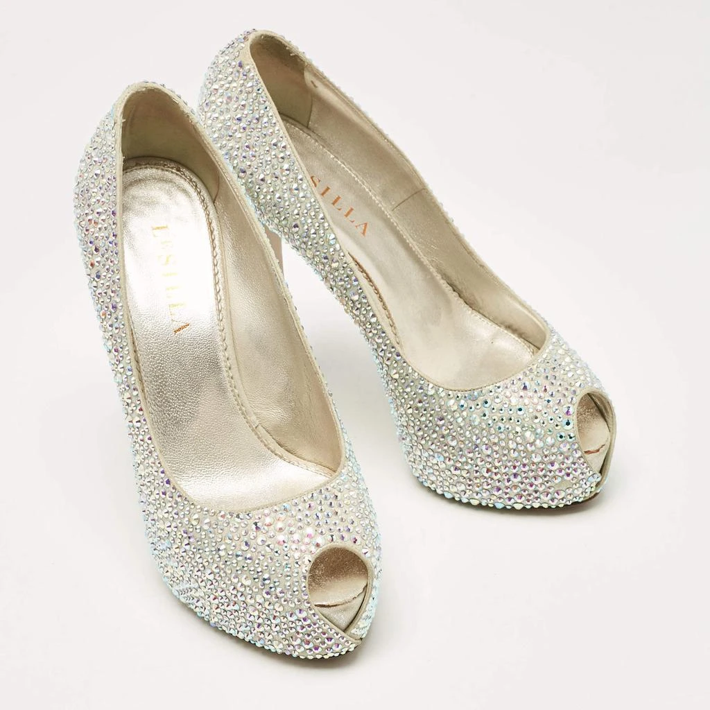 LE SILLA Le Silla Silver Crystal Embellished Suede Peep Toe Platform Pumps Size 37 4