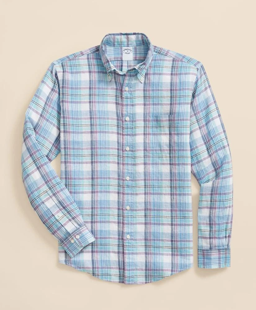 Brooks Brothers Men's Irish Linen Polo Button Down Collar, Plaid Shirt | Turquoise | Size Large
