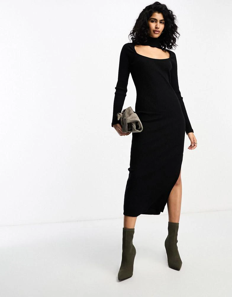 ASOS DESIGN ASOS DESIGN supersoft rib long sleeve fitted midi dress with choker detail in black 1