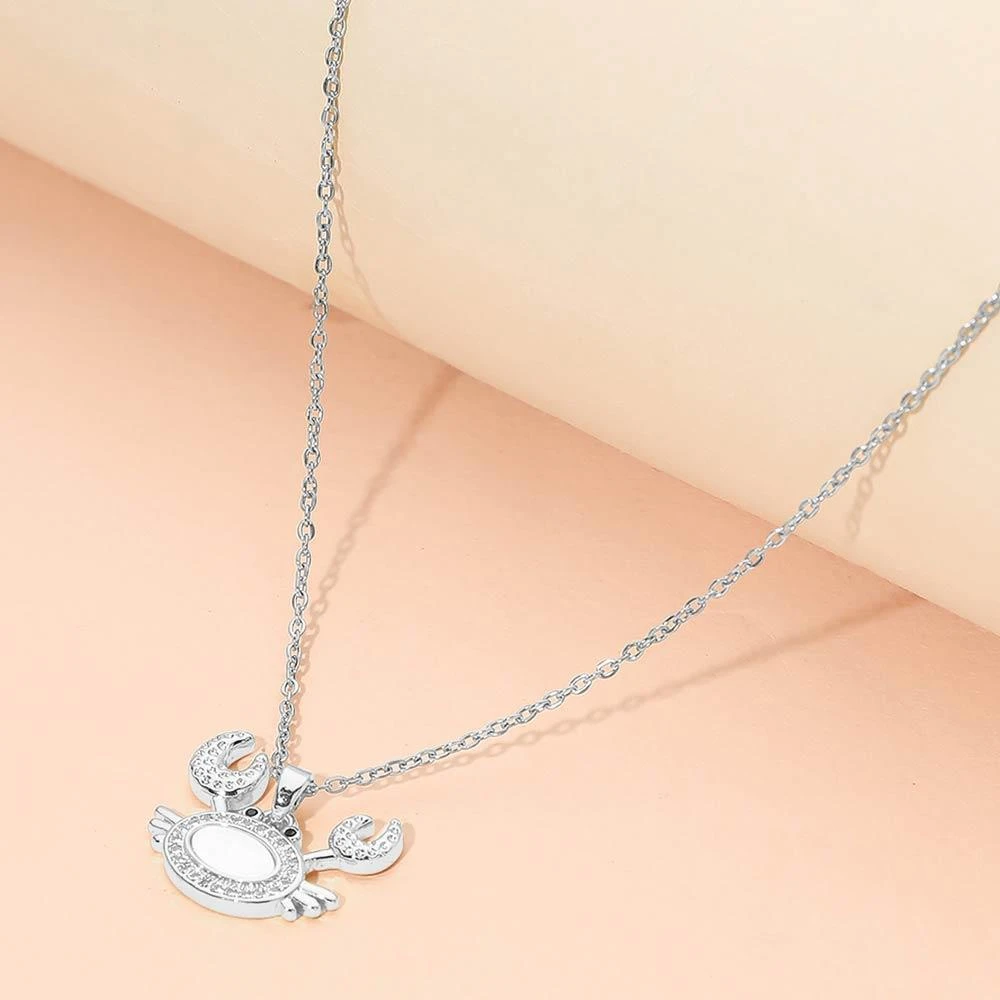 FASHNZFAB Stainless Steel Mother of Pearl CZ Stone Paved Crab Charm Pendant Necklace