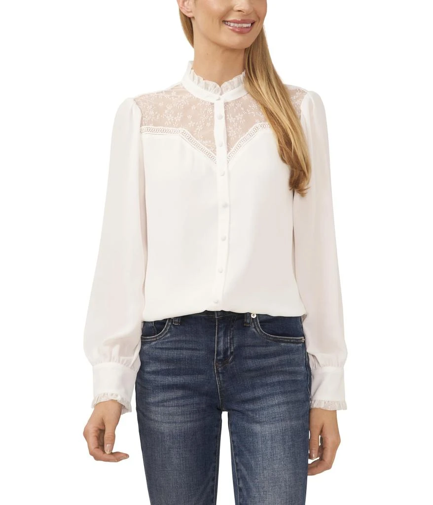 CeCe Long Sleeve Lace V-Yoke Button-Down Blouse 1