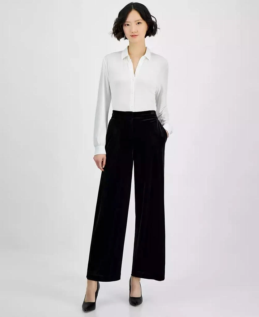 Tahari Women's Mid-Rise Velvet Wide-Leg Pants 4