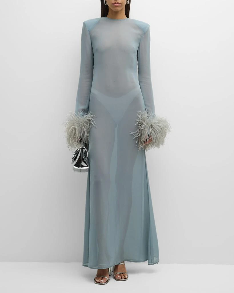 LAPOINTE Feather-Cuff Long-Sleeve Strong-Shoulder Sheer Georgette Maxi Dress 1