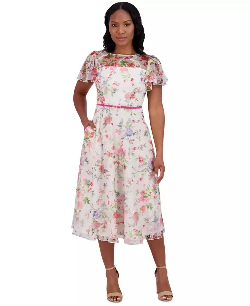 Jessica Howard Women's Floral Flutter-Sleeve Belted Midi Dress 1