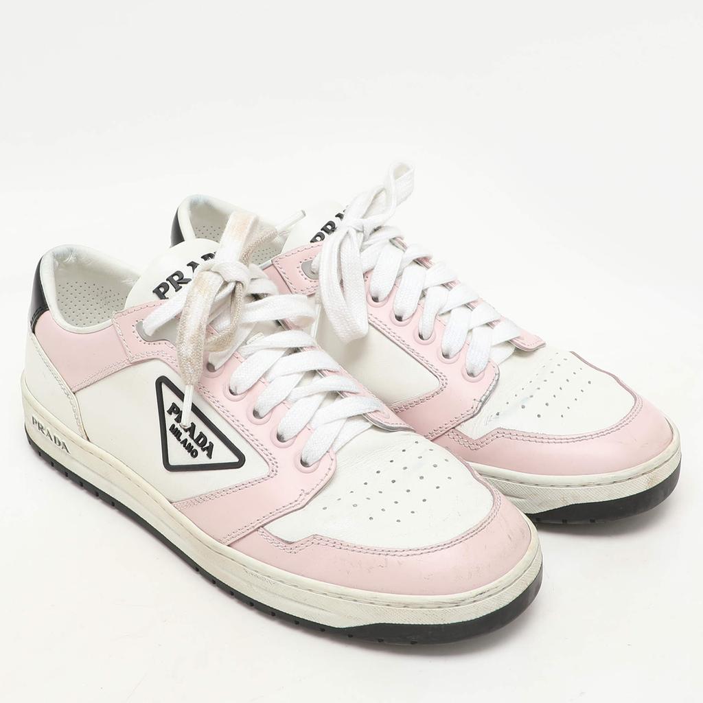 Shop Prada White/Pink Leather Low Top Sneakers Size 38 on Sale at