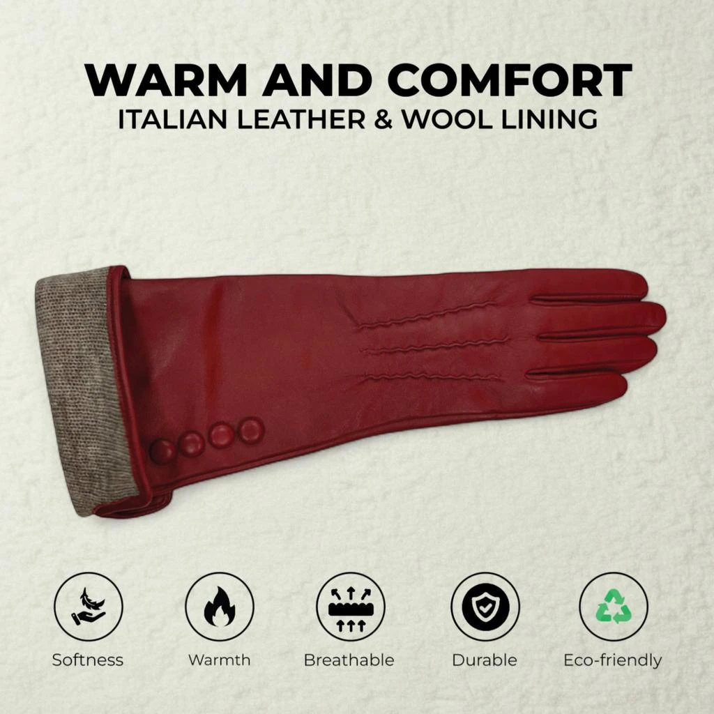 Infinity Leather Womens Long Red Italian Leather Soft Wool Lining Winter Button Design Driving Gloves 3