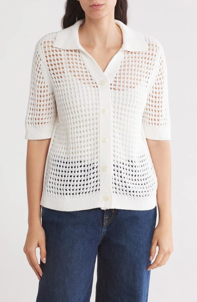 Design History Crochet Short Sleeve Button-Up Sweater 1