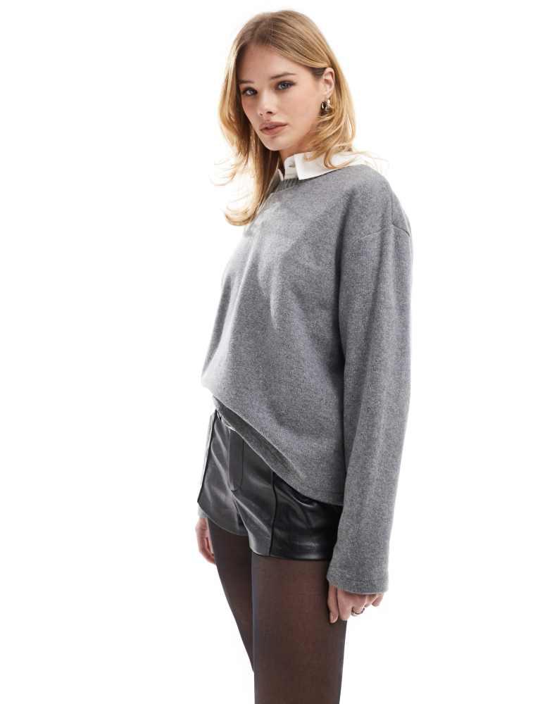 Stradivarius Stradivarius knit round neck t-shirt in dark grey