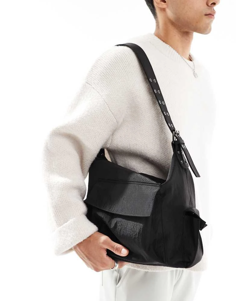 ASOS ASOS DESIGN nylon tote bag with buckled strap in black 3