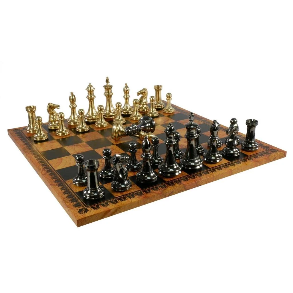 WorldWise Imports Solid Brass Art Deco DQ Men on Faux Leather Old Map Design Chess Board Set 1