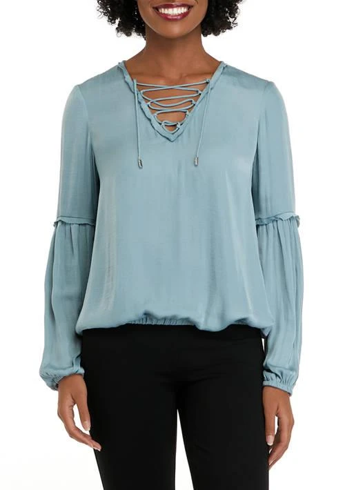 Tahari Tahari Womens Airflow Blouson Sleeve Blouse With Criss Cross Neck Tie 1