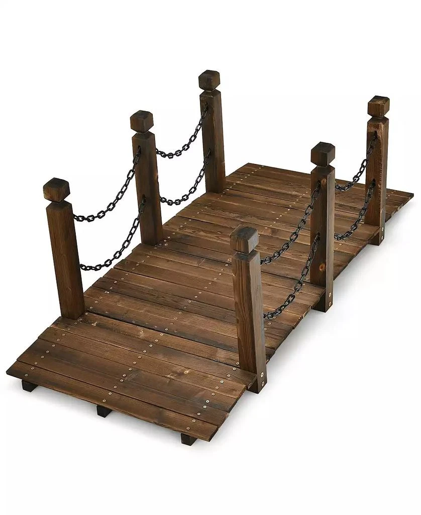 SKONYON 5 Feet Wooden Garden Bridge Arc Footbridge Stained Finish Walkway with Safety Rails 7