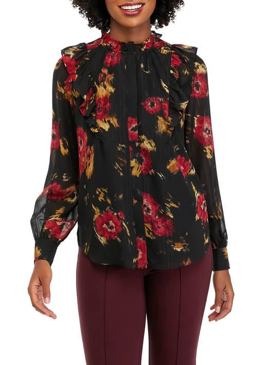 THE LIMITED Limited Womens Floral Printed Ruffle Neck Blouse 1