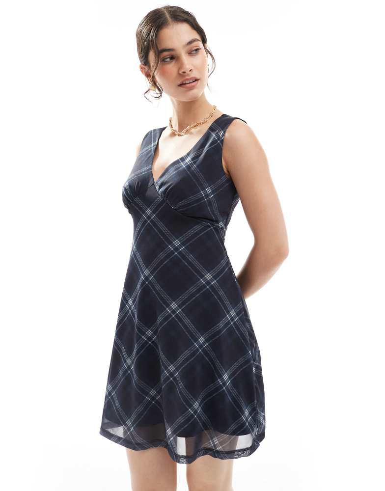 New Look New Look check v neck mesh mini dress in blue