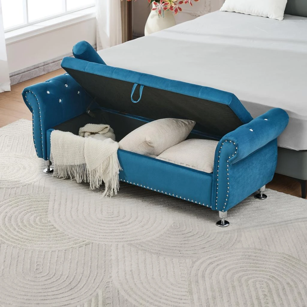 Streamdale Furniture Streamdale Blue 62.2" Soft Velvet Storage Bench with Crystal Buttons 
Pillow 6