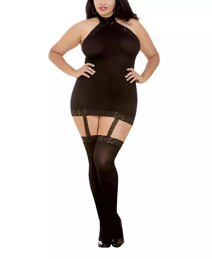 Dreamgirl Women's Plus Size Sheer Halter Garter Dress with Attached Garters and Stockings Lingerie Set 1