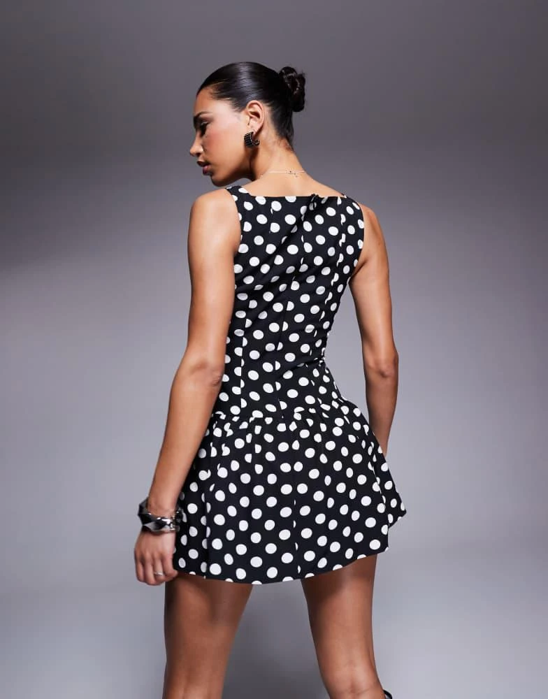 Kaiia Kaiia exclusive high square neck button front gathered skirt mini dress in mono polka dot 2