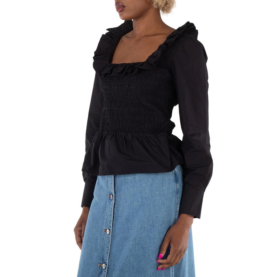 Ganni Black Cotton Poplin Ruffled Smock Blouse
