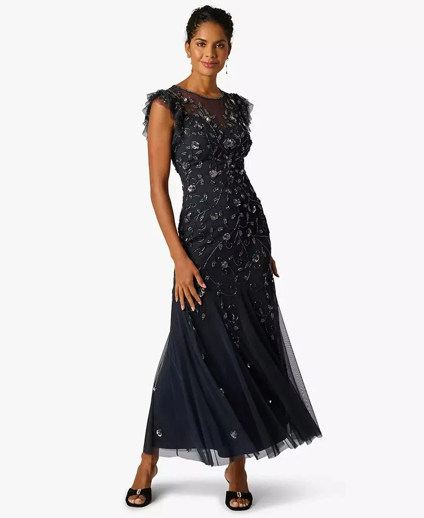 slim fit dress slacks Navy Black Jasmine Beaded Blouson Gown With Sheer Short Sleeves main image 1