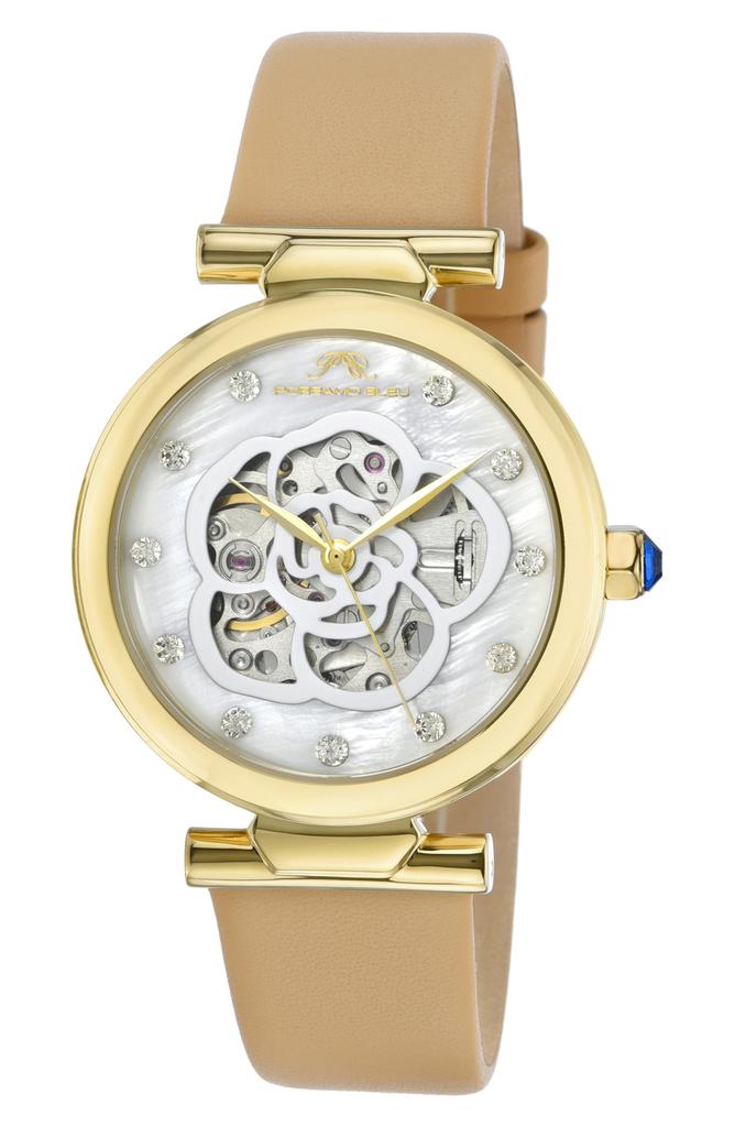 Porsamo Bleu Laura White Topaz Automatic Leather Strap Watch, 36mm