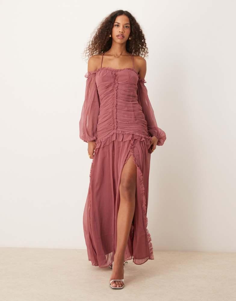 ASOS ASOS DESIGN off shoulder long sleeve ruched cami maxi dress with dropped waist in dusky purple