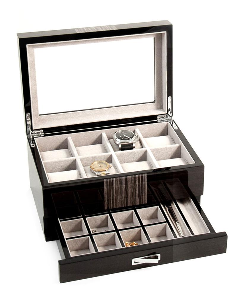 Bey-Berk Men's Lacquered Wenge Wood 8-Watch Storage Box w/ Drawer