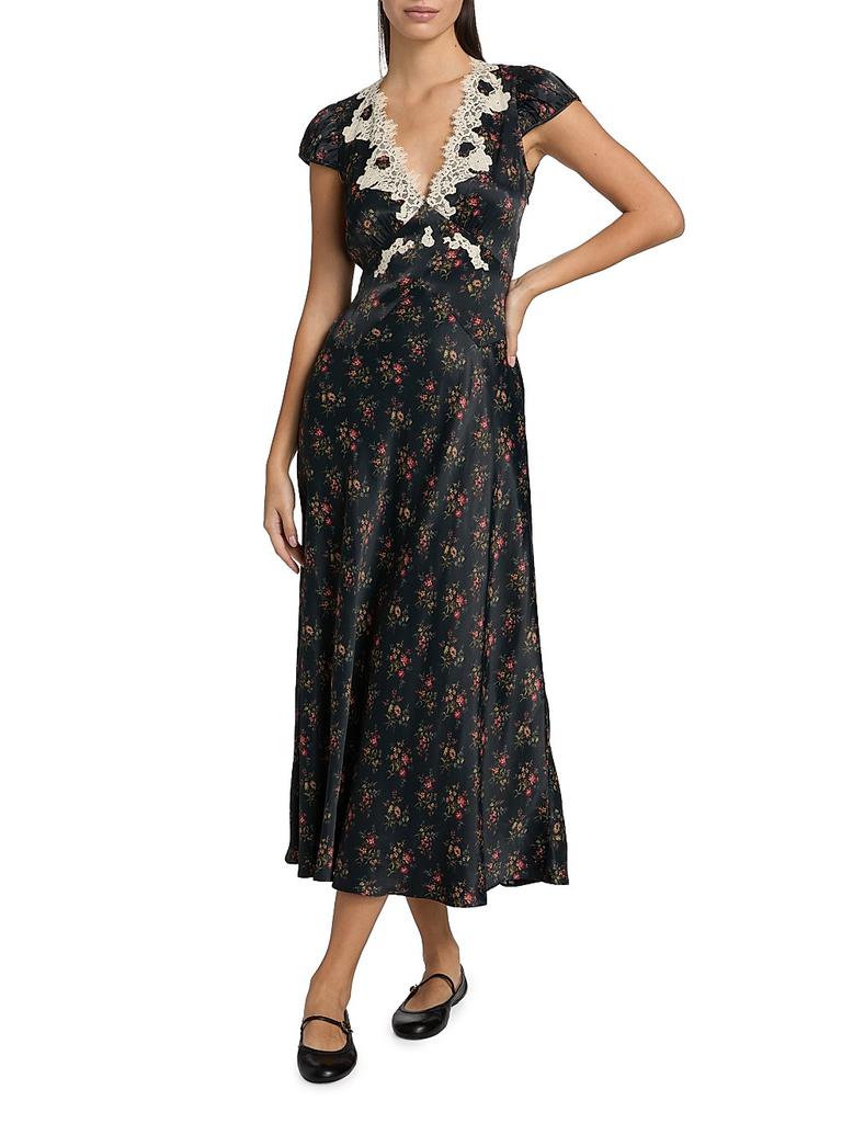 DÔEN Coraline Lace-Trim Floral Satin Midi-Dress