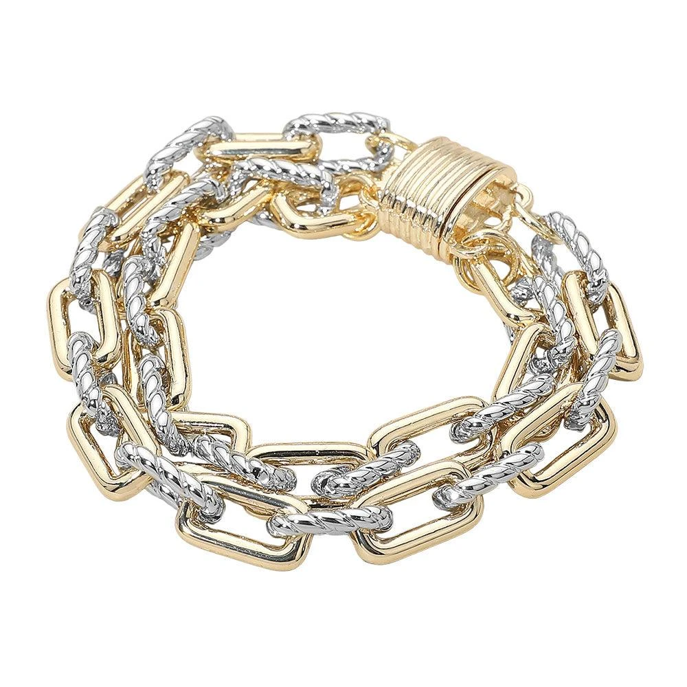 FASHNZFAB 14K Gold Plated Two Tone Layered Chunky Chain Magnetic Bracelet 3