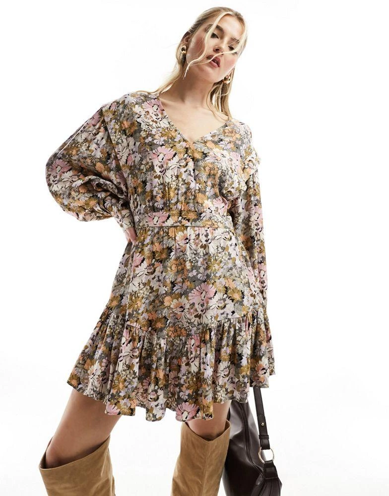 & Other Stories & Other Stories v neck mini dress with volume sleeves in bibi print 1