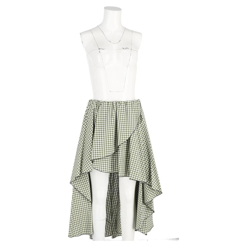 CAROLINE CONSTAS Adelle Gingham Midi Asymmetric Skirt in Green Cotton 4