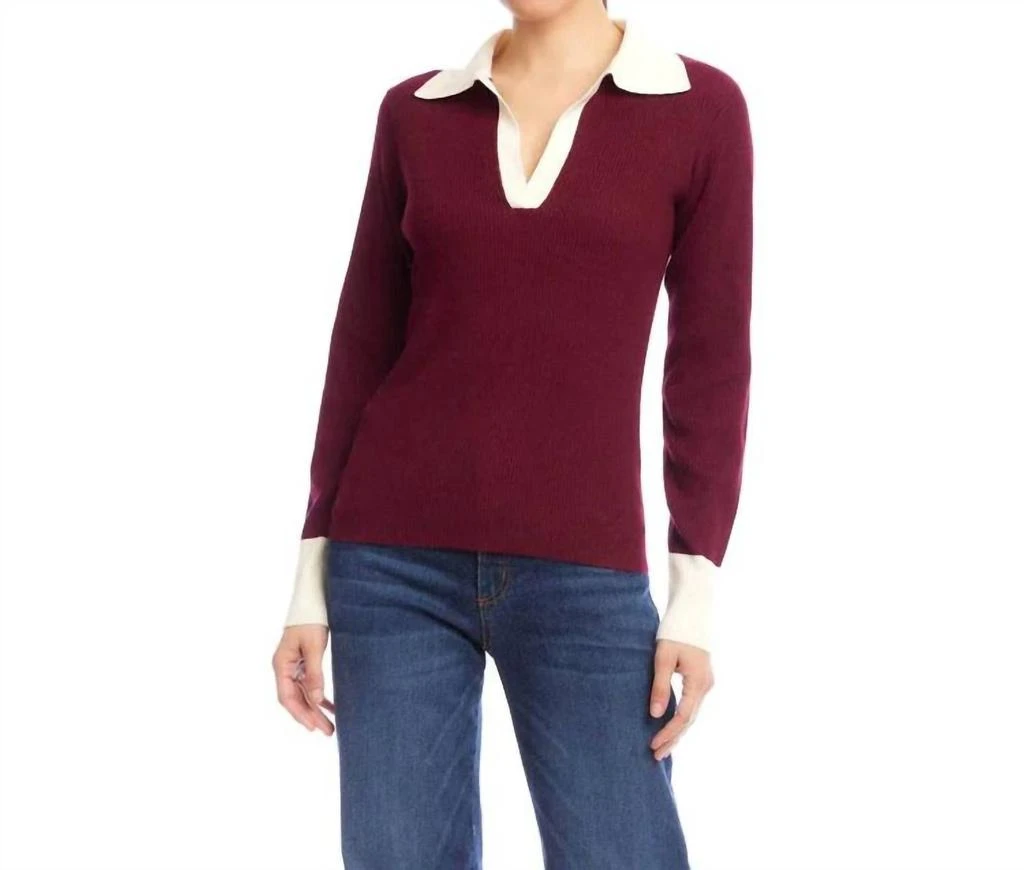 Karen Kane Catrina Contrast Ribbed Polo Sweater In Wine And Cream
