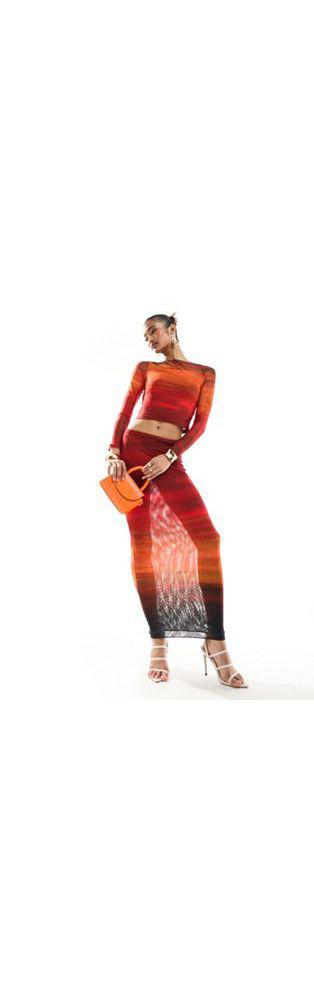 Farai London Farai London Cleo mesh long sleeve top and midi skirt set in red ombre