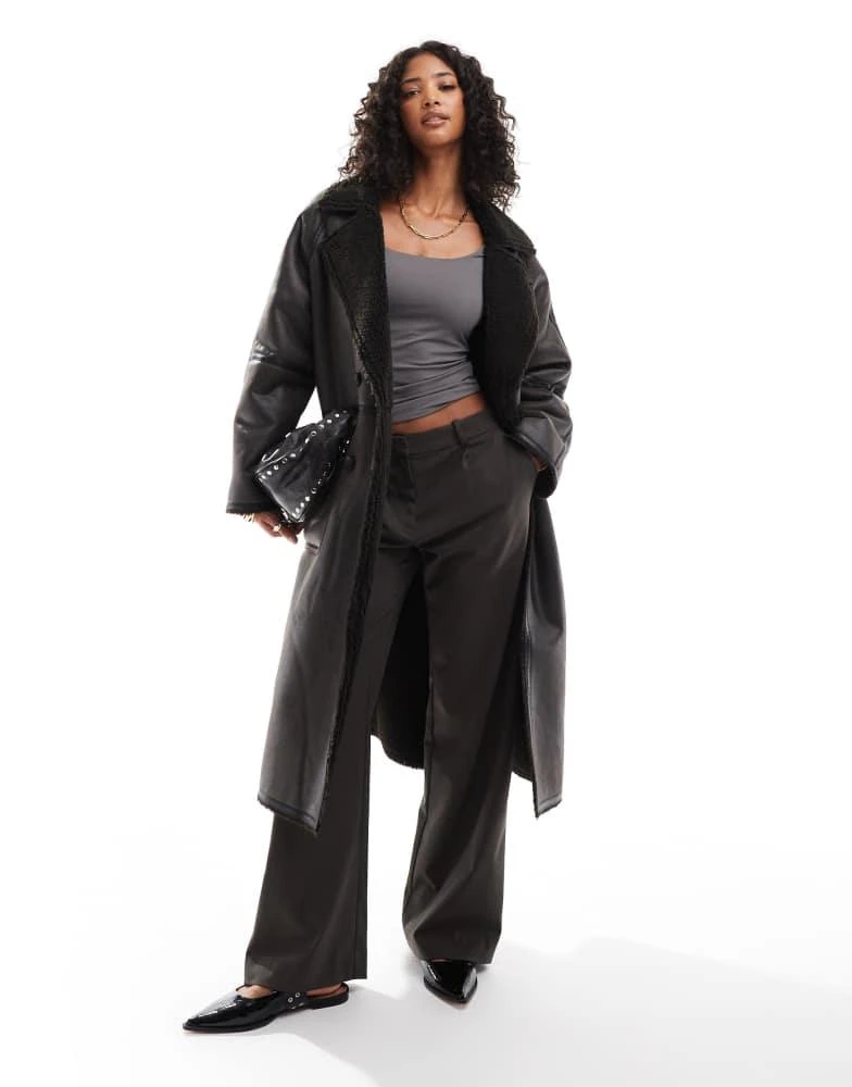 ASOS ASOS DESIGN longline shearling jacket with contrast binding in brown 1