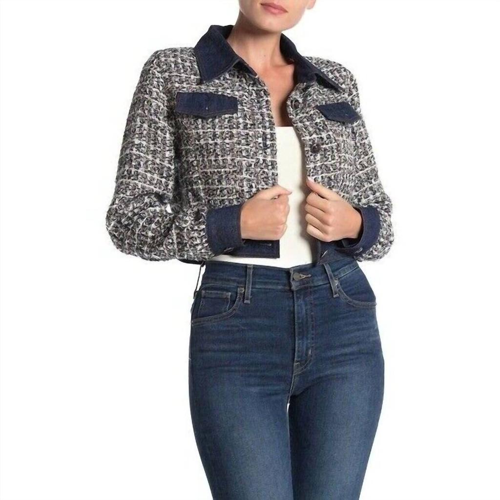 Gracia Gracia - Tweed Glitter Contrast Denim Crop Jacket