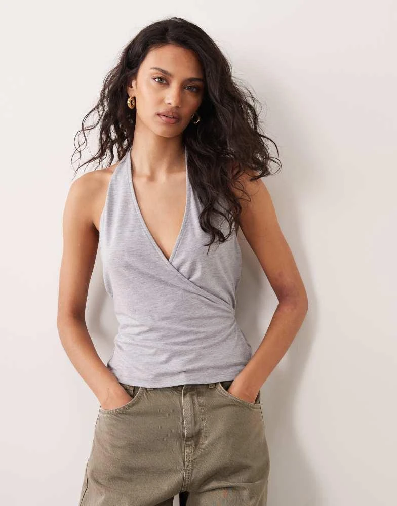 ASOS ASOS DESIGN tie wrap detail halter top in grey marl