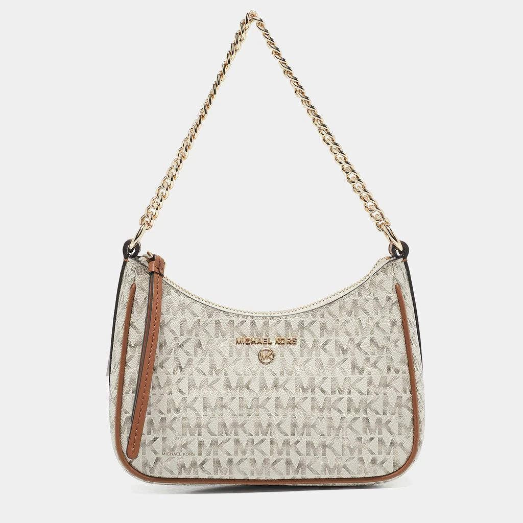 Michael Kors Michael Kors White/Brown Signature Coated Canvas and Leather Jet Set Charm Pochette Bag 1