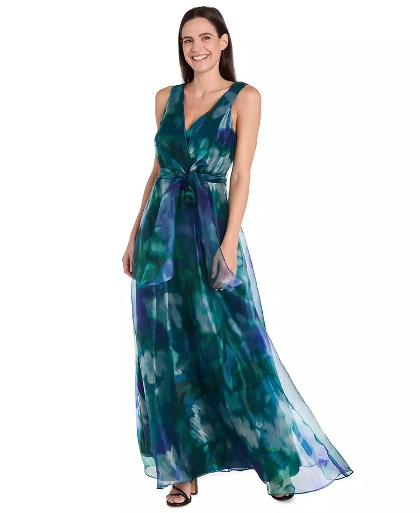 r and m richards evening dresses Navy Floral Chiffon Evening Gown Sleeveless A-Line Dress with Asymmetrical  Hem for Weddings Formal Events – msglamor main image 1