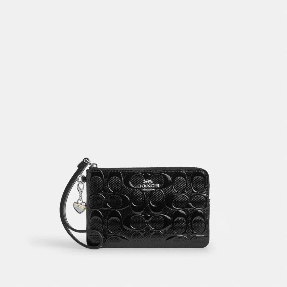 Coach Corner Zip Wristlet In Signature Leather With Heart Charm