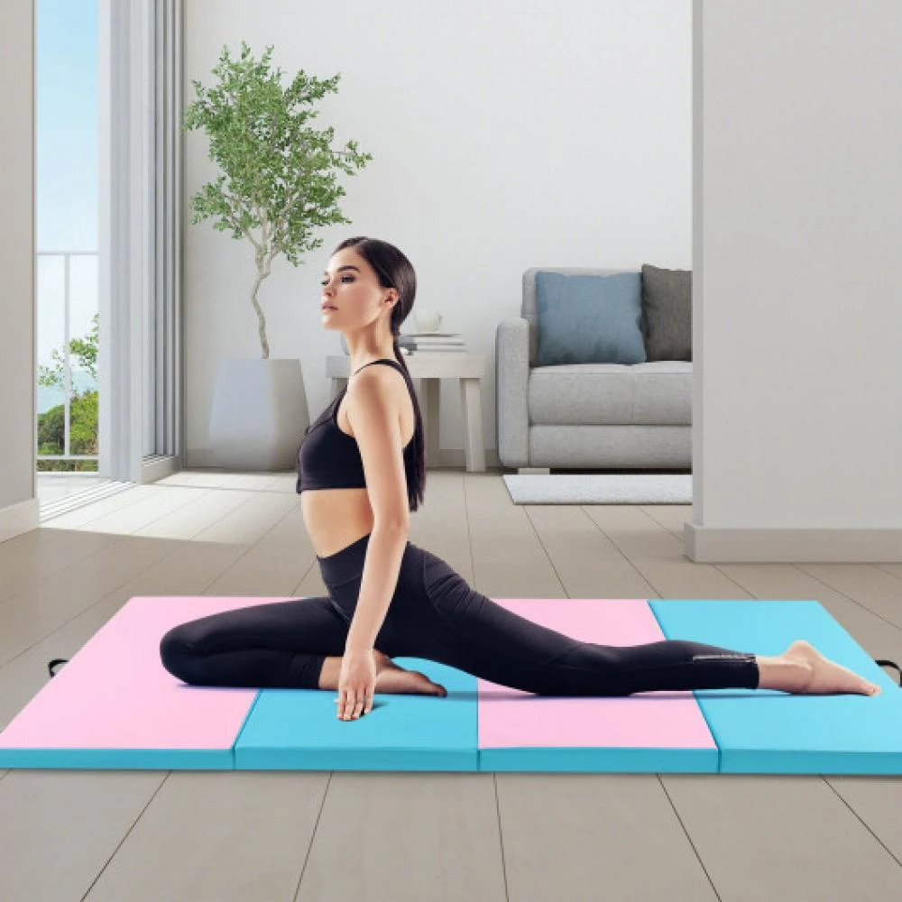 Hivvago 4-Panel PU Leather Folding Exercise Mat with Carrying Handles-Pink 10