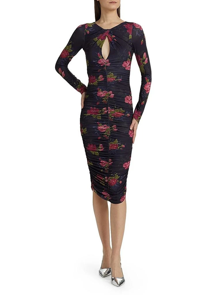 PRABAL GURUNG Floral Twist Neck Ruched Midi-Dress 3
