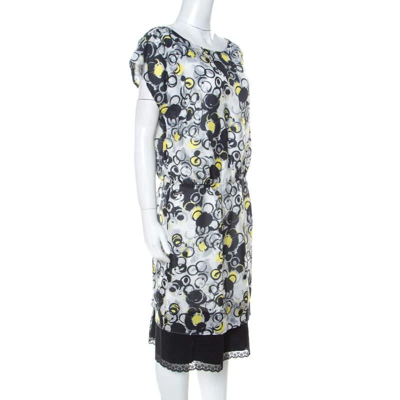 Gianfranco Ferre GF Ferre Multicolor circle Print Silk Lace Detail Asymmetric Shoulder Dress L 2