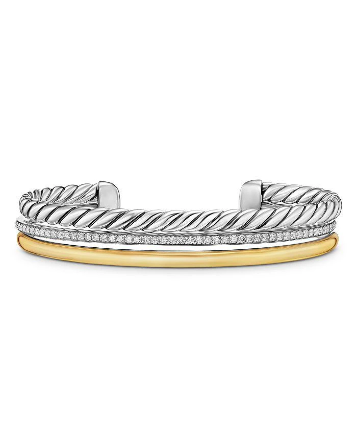 David Yurman DY Mercer Three Row Cuff Bracelet in Sterling Silver with 18K Yellow Gold and Diamonds, 10mm