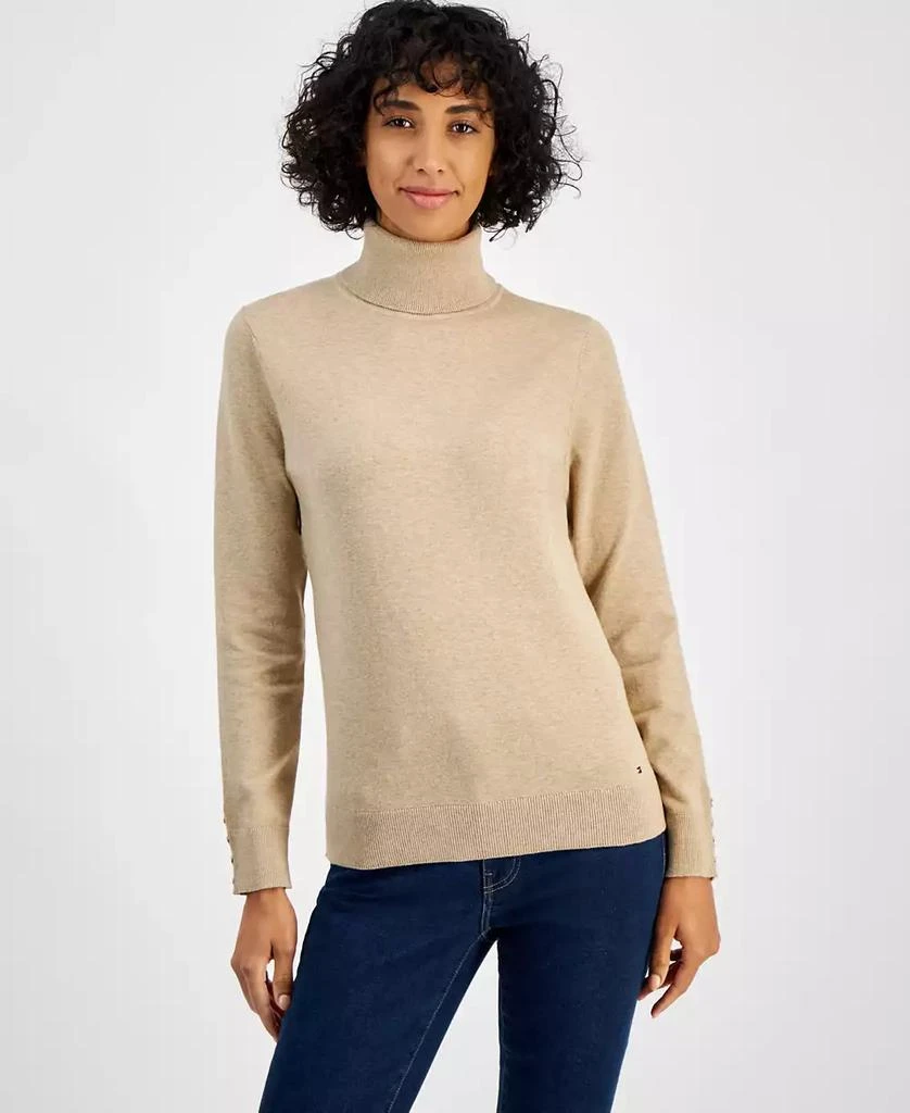 Tommy Hilfiger Women's Cotton Solid Button Cuff Turtleneck Sweater 1