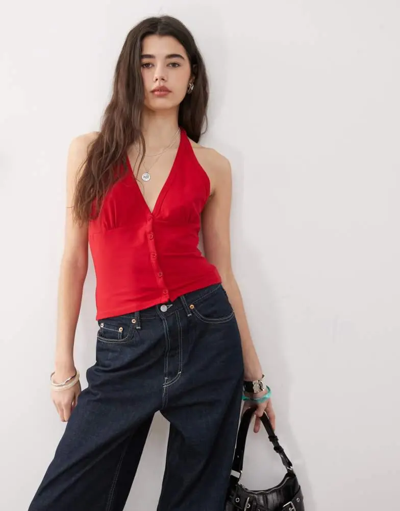 COLLUSION COLLUSION buttoned halter top in red