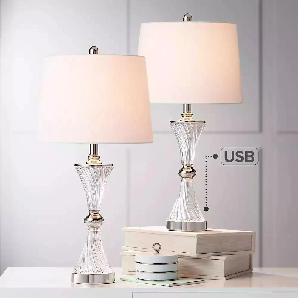 Regency Hill Luca Modern Table Lamps 25 1/2" High Set of 2 Twisted Glass with USB Charging Port White Drum Shade for Bedroom Living Room Office Desk 2