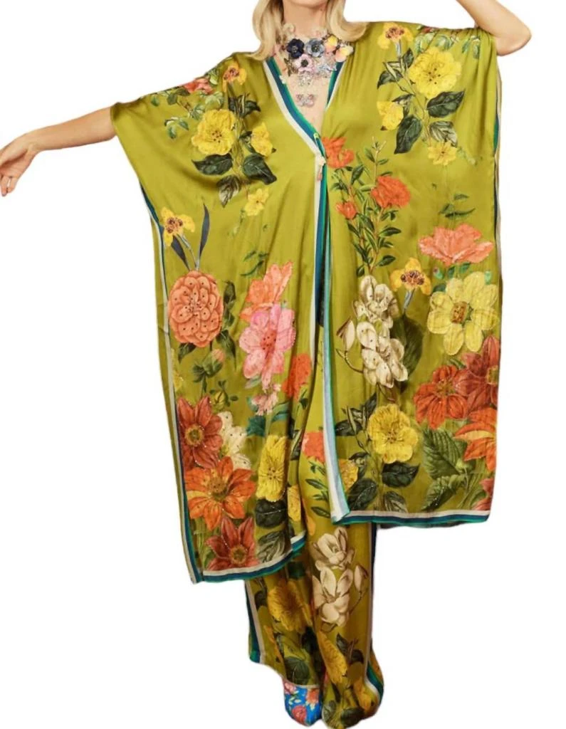 Aratta French Riviera Hand-Beaded Kimono In Olive Floral 1