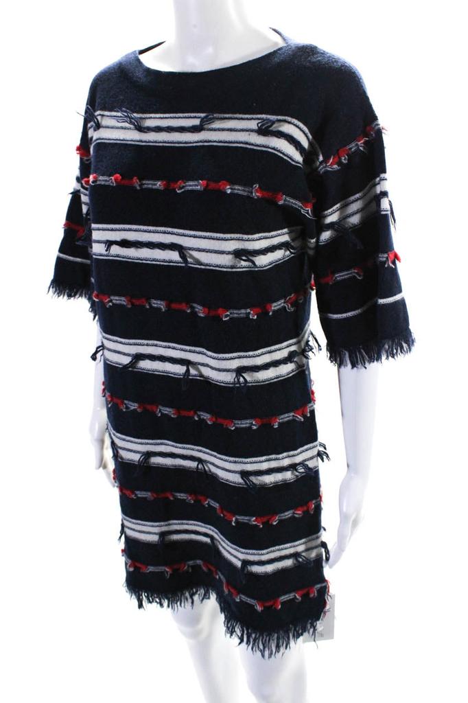 Barrie Womens Striped Short Sleeves Sweater Dress Navy Blue