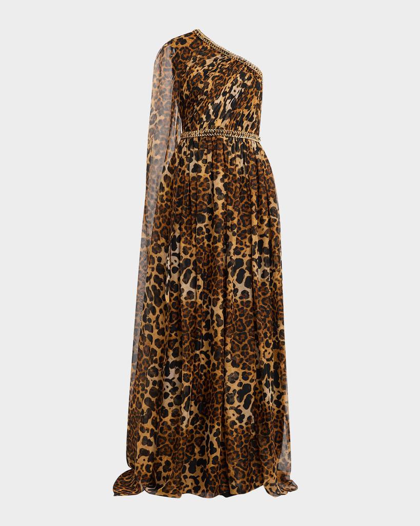 Pamella Roland Leopard Chiffon Cape-Sleeve One-Shoulder Gown With Embroidered Belt